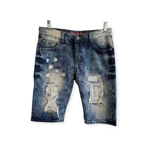 Trillnation Shorts Mens 32 Denim Blue Jean Ripped Destroyed Bermuda Acid Wash